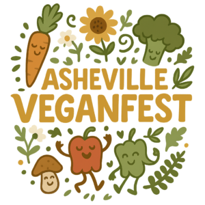 Whimsical Asheville Veganfest logo featuring smiling illustrated vegetables including a carrot, broccoli, bell peppers, and a mushroom, surrounded by flowers and leafy accents. The words ‘Asheville Veganfest’ appear in warm yellow lettering, creating a playful, family-friendly feel.