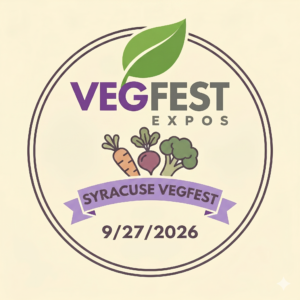 A circular logo for Syracuse Vegfest set against a light cream background. The top of the circle features the "EXPOS_GREENVILLE_NC_LOGO(1).png" brand elements, including a large green leaf above the text "VEGFEST" in purple and "EXPOS" in grey. Below this are simple illustrations of a carrot, a beet, and a broccoli floret. A light purple banner curves across the lower half with the text "SYRACUSE VEGFEST" in dark grey, and the date "9/27/2026" is printed in bold black numbers at the very bottom.