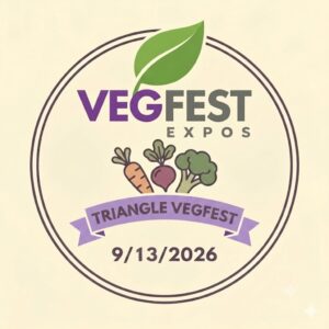 A circular logo for Triangle Vegfest Expos, dated 9/13/2026. The layout is identical to the Syracuse logo, featuring the same green leaf, "VEGFEST EXPOS" text, and the hand-drawn illustration of a carrot, beet, and broccoli. Below the vegetables, the purple ribbon banner has the text "TRIANGLE VEGFEST." The date, "9/13/2026," is clearly listed at the bottom of the logo in black numbers.